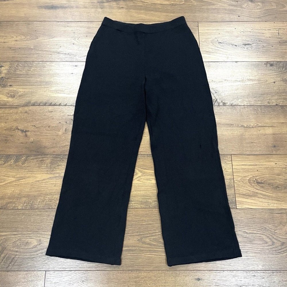 St John Basics Pants Womens 6 Black Santana Knit‎ Wide Leg Cropped Relaxed FLAW